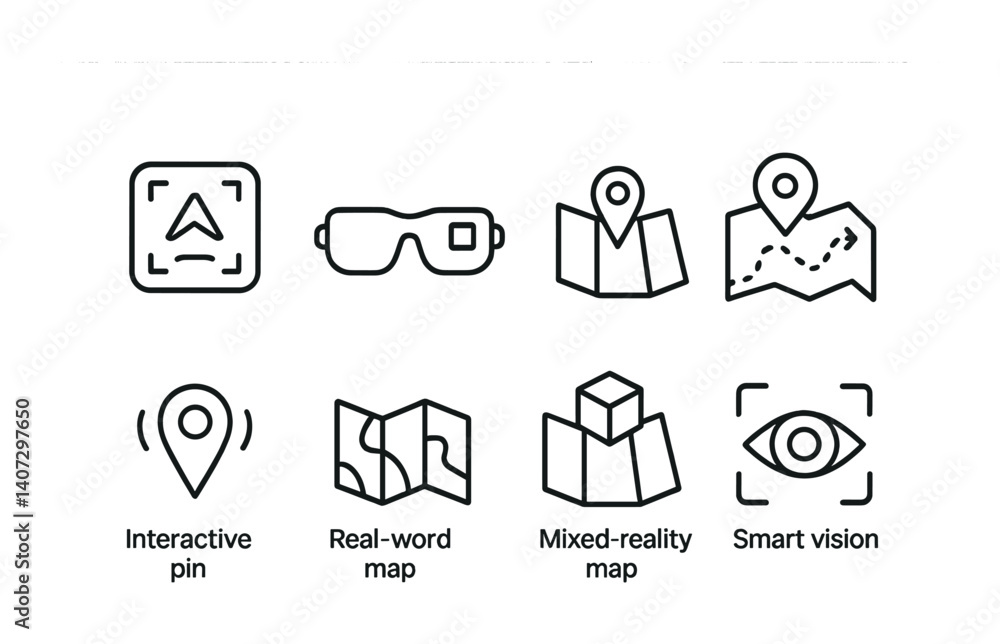 outline vector icons of augmented map features: AR marker, AR glasses ...