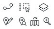 © Svitlana - outline vector icons of map interface: search bar, list of places, filter icon, location category, nearby places, map layers, user pin, full screen. No text. The icons should be clean. isolated