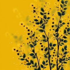 Aufkleber - Golden Radiance: Floral Branches Silhouette Against a Sunny Yellow Backdrop with Scattered White Dots
