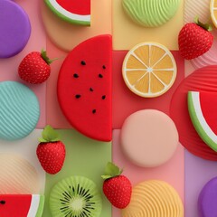 Poster - Playful Still Life: A Vibrant Arrangement of Fruit Slices and Colorful Geometric Shapes on a Pastel Background