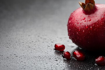 Aufkleber - Freshly cut pomegranate reveals its juicy red seeds, elegantly placed on a textured white surface, creating a vibrant contrast with its deep red skin