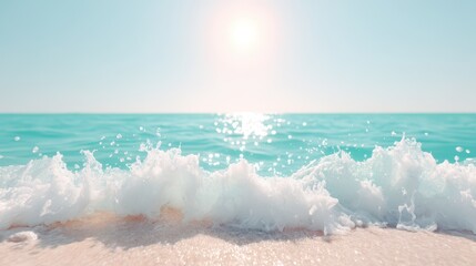 Wall Mural - A serene beach scene featuring gentle waves lapping at the shore under a bright sun. The turquoise water sparkles in the sunlight, creating a tranquil and inviting atmosphere.