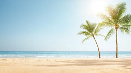 Wall Mural - A serene beach scene featuring gentle waves, soft sand, and tall palm trees under a clear blue sky