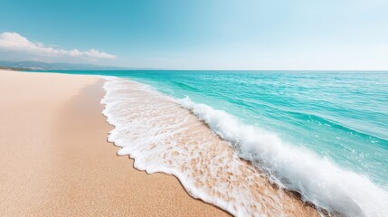 Wall Mural - A serene beach scene with gentle waves lapping at the sandy shore under a clear blue sky, perfect for evoking relaxation and tranquility in any setting.