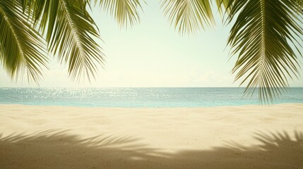 Wall Mural - A serene beach scene with soft sand and gentle waves. Palm leaves frame the view, offering a sense of relaxation and peace. Ideal for evoking a tropical vacation atmosphere.