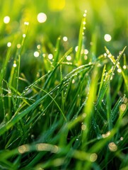 Poster - Glistening dewdrops on green grass in morning light capture the essence of a serene outdoor moment