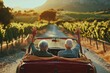 © Georgii - Elderly couple enjoying a scenic drive through sunny countryside vineyards