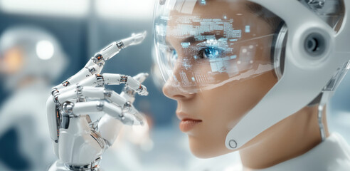 Leinwandbilder - In a high-tech laboratory, a synthetic figure examines digital data displayed on a visor. The advanced robot showcases the fusion of artificial intelligence and human-like characteristics.