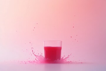 Poster - A vibrant red liquid splashes into a clear glass cup, creating a dynamic display of droplets as it hits a smooth surface, with ample copy space on the right