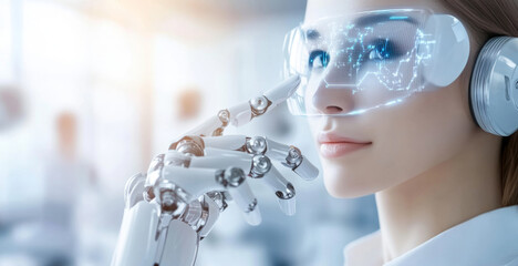 Poster - A humanoid robot engages in thought, showcasing advanced technology. It has sleek features and digital displays over its eyes, emphasizing the intersection of humanity and synthetic intelligence.