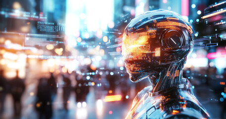 Poster - A futuristic robot stands in a bustling city, surrounded by vibrant lights and people.