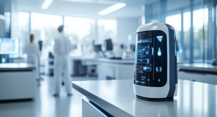 Leinwandbilder - A sleek robot stands in a futuristic lab filled with advanced technology.