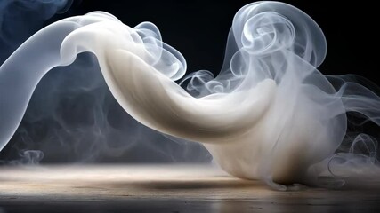 Leinwandbilder - White smoke swirls and dances gracefully on a wooden surface against a dark background.