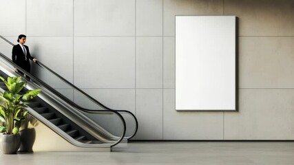 Aufkleber - Modern building interior features a businesswoman riding an escalator next to a large, blank billboard, offering excellent advertising space