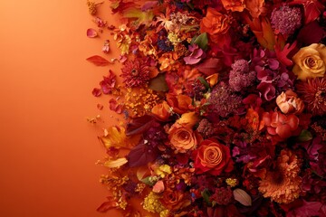 Poster - Top-down view showcases a colorful floral arrangement with diverse flowers and leaves set against a pastel backdrop, offering a joyful and inviting atmosphere