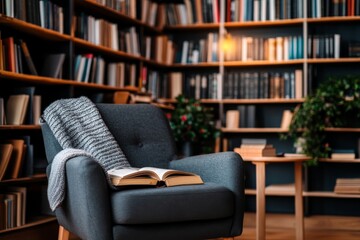 Poster - This inviting reading nook features a plush armchair, a knitted blanket, and a warm lamp, contributing to a peaceful atmosphere ideal for enjoying literature