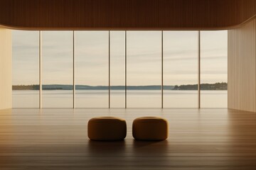 Leinwandbilder - This spacious living room features minimalist decor with large glass windows offering a tranquil view of the lake, illuminated by soft natural light
