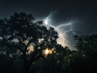 rain sheets fall with wind gusts as trees sway rhythmically and lightning flashes brightly