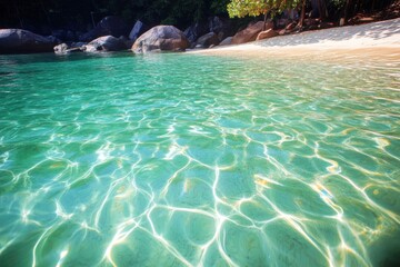 Poster - Turquoise water gently laps against soft white sand as colorful fish swim near boulders in a tranquil tropical beach under bright midday sunlight
