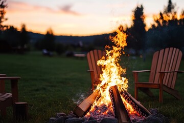 Aufkleber - Two wooden chairs sit near a campfire, radiating warmth as a vibrant sunset paints the sky with hues of orange, pink, and deep blue