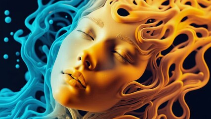 Poster - A floating visage coming to life in swirling ribbons of neon blues and oranges, 