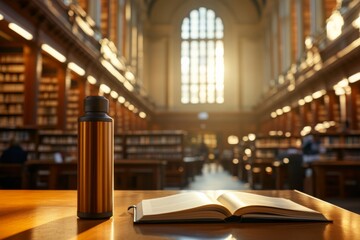 Poster - Serene library atmosphere with rows of bookshelves and light pouring in, showcasing an open textbook and providing a perfect study environment