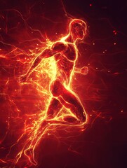 Fototapete - Dynamic figure running with energy bursts on a red background showcases muscle definition and movement
