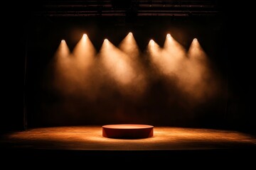 Fototapete - An empty theater stage is highlighted by spotlights that create a dramatic atmosphere. A red circular podium stands center stage, awaiting performance