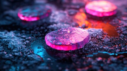 Wall Mural - Neon Pink Ice Slices on Dark Surface with Glowing Background