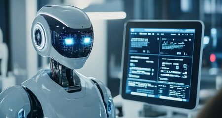 Leinwandbilder - A sleek robot stands quietly beside a computer screen displaying data, symbolizing the collaboration between technology and humanity. This moment encapsulates the future of artificial intelligence.