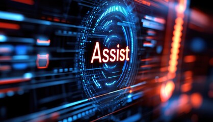 Wall Mural - digital assistance technology interface showing help support system futuristic glowing screen displa