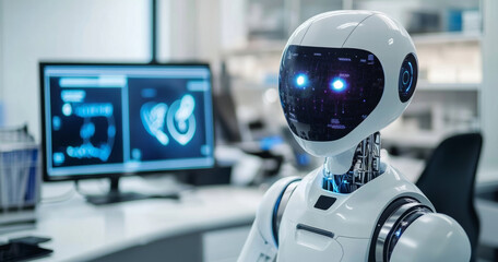 Leinwandbilder - A synthetic robot equipped with futuristic features stands in a high-tech laboratory. Monitors in the background display complex data on consciousness and human-like traits.