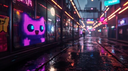 Poster - neon cat in wet alleyway; city lights blur background; game art; use in game design