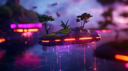 Wall Mural - Floating island with trees, futuristic city in background