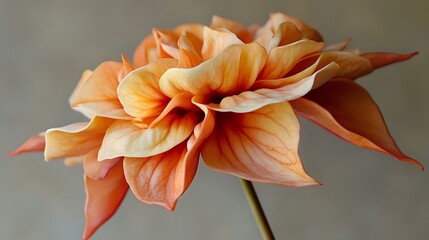 Wall Mural - A radiant orange fuchsia flower, gracefully curved petals in full bloom, macro clarity, high-definition floral close-up, blurred neutral background