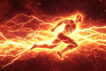 Fototapete - Stylized energy burst surrounds a muscular figure running with intensity against a vivid red background