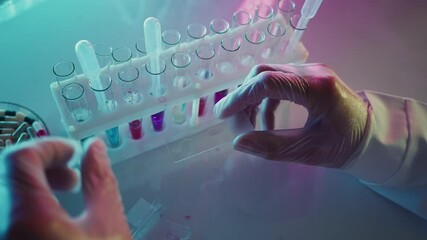 Wall Mural - gloved hands carefully preparing samples in test tubes, dropping liquid onto a glass slide in a medi