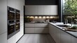 © h4kunA - Modern kitchen, beige cabinetry, corner design, backyard view