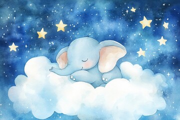 sleeping baby elephant on a cloud under the stars in a watercolor painting style illustration