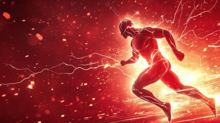 Fototapete - Dynamic energy burst surrounding a muscular figure running amidst a vibrant red backdrop