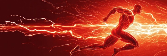 Fototapete - Stylized figure running with energy burst in a red dynamic background, showcasing strength and speed in action