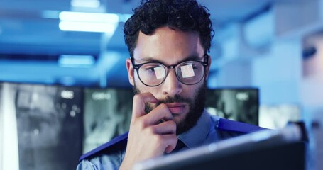 Poster - Security guard, surveillance and man with tablet, office and service for safety with footage and app. Night, law enforcement and person with tech for inspection, screen and protection in control room