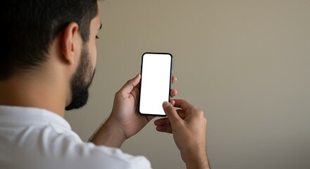 Mockup image of a man/woman holding and showing white mobile phone with blank screen. For Design.