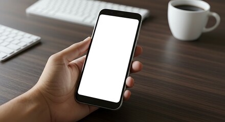 Mockup image of a man/woman holding and showing white mobile phone with blank screen. For Design.