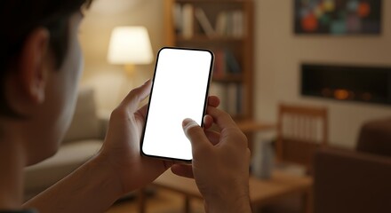 Mockup image of a man/woman holding and showing white mobile phone with blank screen. For Design.