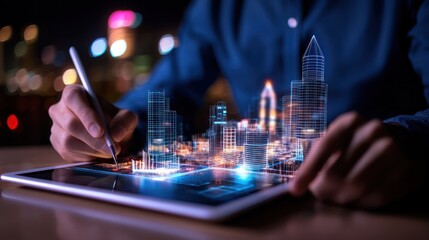 Night city design on tablet, urban planning, hands drawing, bokeh background