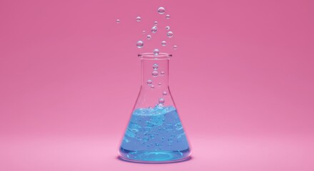 Wall Mural - scientific experiment with bubbling blue liquid in laboratory flask on pink background