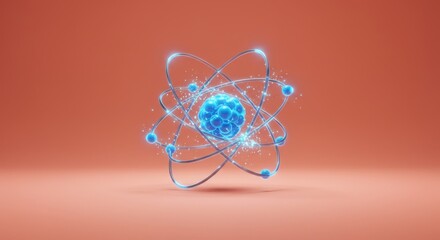 Wall Mural - futuristic atomic model on orange background for scientific visualization and educational design