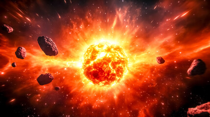 Wall Mural - Spaceship piloting through asteroid field near exploding star in deep space