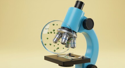 Wall Mural - scientific discovery theme with microscope and petri dish on yellow background for educational desig